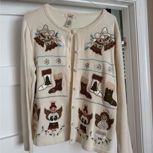 Vintage Bechamel Cream Cardigan with Festive Motifs angels stocking and bells